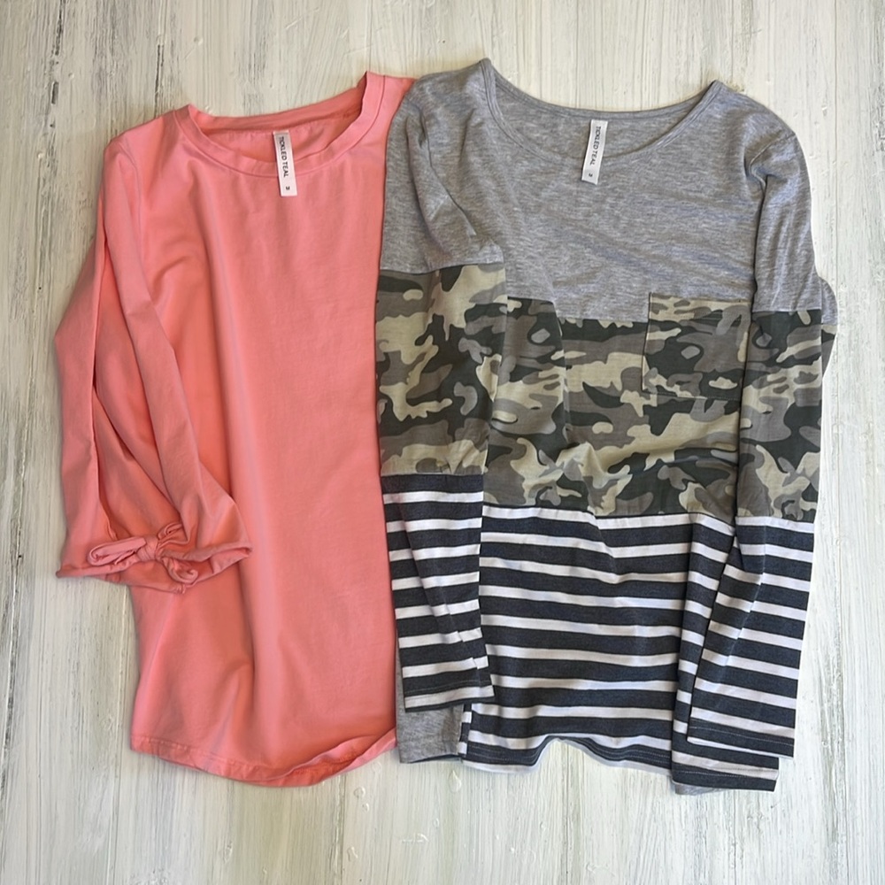 Tickled Teal Bundle Stripe & Camo Color-block & 3/4 Sleeve Light Pink Tu…